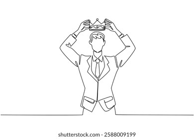 Continuous one line drawing a man in a suit and tie puts a crown on his head. Just acknowledge the own greatness. Excessive narcissism. Reward Yourself Day. Single line draw design vector illustration