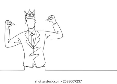 Continuous one line drawing a man in a suit and tie wearing a crown and pointing at himself with both thumbs up. Honorary title. Happy. Reward Yourself Day. Single line draw design vector illustration