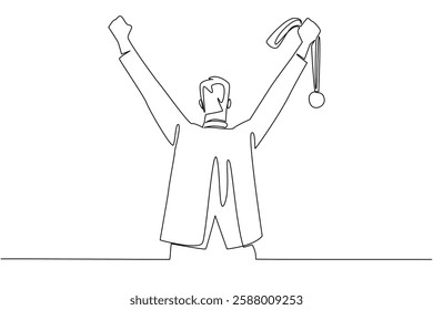 Continuous one line drawing a man in a suit raises both hands and holds a medal. Recognition of work results. Successful business. Reward Yourself Day. Single line draw design vector illustration