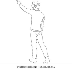 Continuous one line drawing man in VR headset. Man in virtual reality. Character With extended index finger. One continuous line isolated minimal illustration.Not AI.
