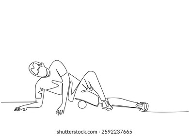 Continuous one line drawing a man exercising using a foam roller. Cooling with tools. Recovery after minor injuries. Treatment. National Foam Rolling Day. Single line draw design vector illustration