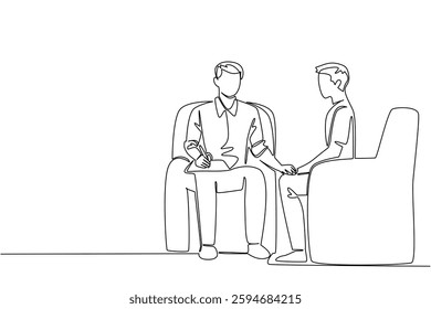 Continuous one line drawing a man holding a clipboard while holding the hand of a man next to him. Care. National Mental Health Provider Appreciation Day. Single line draw design vector illustration