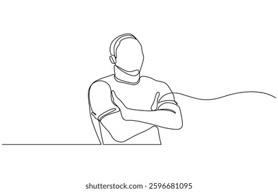 Continuous one line drawing of man soccer player celebrating victory on white background, Continuous single one line art drawing of football soccer player celebrating victory success goal.