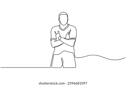 Continuous one line drawing of man soccer player celebrating victory on white background, Continuous single one line art drawing of football soccer player celebrating victory success goal.