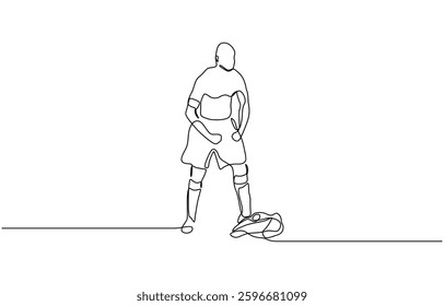 Continuous one line drawing of man soccer player celebrating victory on white background, Continuous single one line art drawing of football soccer player celebrating victory success goal.