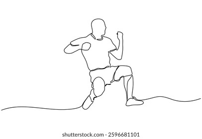 Continuous one line drawing of man soccer player celebrating victory on white background, Continuous single one line art drawing of football soccer player celebrating victory success goal.