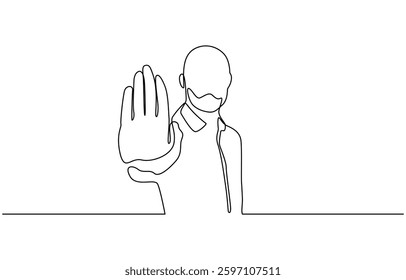 Continuous one line drawing man in Man doing stop gesture hand showing, Man doing stop gesture hand showing Continuous one line drawing vector illustration.