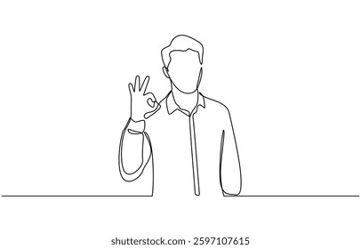 Continuous one line drawing man in casual clothes gesturing ok sign, Business man showing ok hand sign. Continuous line drawing. One line drawing.