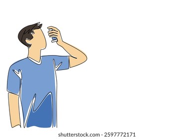 Continuous one line drawing man inhales asthma inhaler. Inability to manage stress well is a trigger. Healthy living without much thought. World Asthma Day. Single line draw design vector illustration