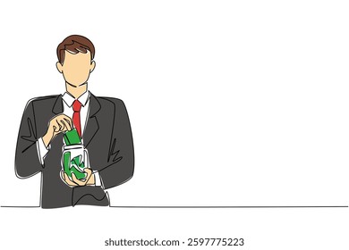 Continuous one line drawing a man in a suit and tie puts banknotes into a jar. Collected and then donated. Sharing. Donate a Wages of Day To Charity Day. Single line draw design vector illustration