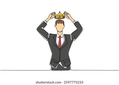 Continuous one line drawing a man in a suit and tie puts a crown on his head. Just acknowledge the own greatness. Excessive narcissism. Reward Yourself Day. Single line draw design vector illustration