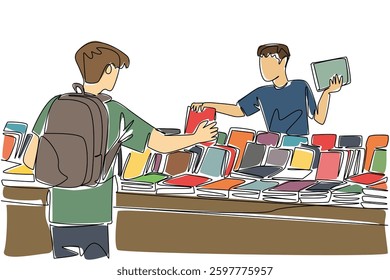 Continuous one line drawing a man buys a book at a book stall. The most complete place to find old books. Many collections. National Small Business Day. Single line draw design vector illustration
