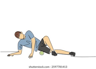 Continuous one line drawing a man exercising using a foam roller. Cooling with tools. Recovery after minor injuries. Treatment. National Foam Rolling Day. Single line draw design vector illustration