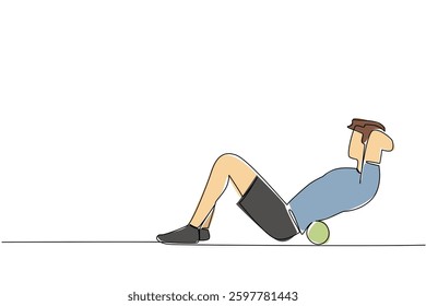Continuous one line drawing a man exercising using a foam roller in a sit up pose. Therapy. Treatment. Favorite trainer. Healthy. National Foam Rolling Day. Single line draw design vector illustration