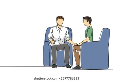 Continuous one line drawing a man holding a clipboard while holding the hand of a man next to him. Care. National Mental Health Provider Appreciation Day. Single line draw design vector illustration