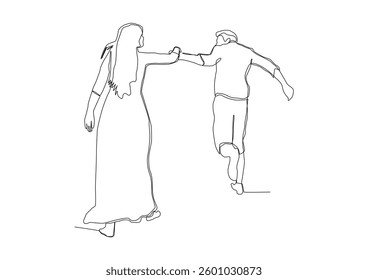 Continuous one line drawing of man is trying to hold a woman who is reaching out with her hand somewhere.