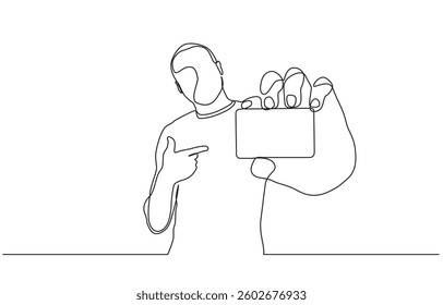 Continuous one line drawing of man holding business card concept of online shopping, Man hand holding a blank card illustration- continuous line drawing.