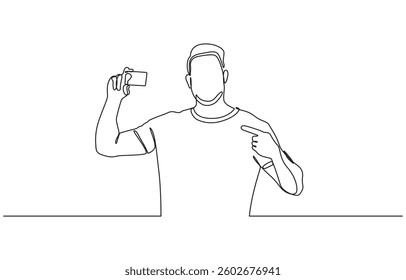 Continuous one line drawing of man holding business card concept of online shopping, Man hand holding a blank card illustration- continuous line drawing.