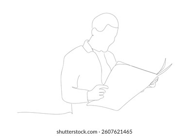 Continuous one line drawing of man to read newspaper, screening out fake news concept, single line art. 
 Hand made vector not Al