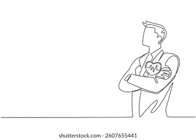 Continuous one line drawing man in suit and tie crossed his arms. Healthy workers benefit many parties. Staff. National Employee Health and Fitness Day. Single line draw design vector illustration