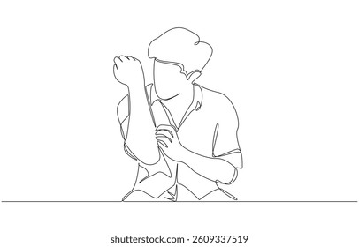 Continuous one line drawing of Man scratching rash on his arm, skin allergies concept, single line art