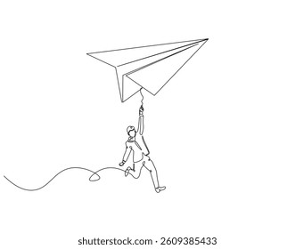 Continuous one line drawing of man hanging flying paper plane. One line drawing illustration of man holding on paper plane. Chasing targets concept single line. Editable outline