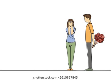 Continuous one line drawing a man standing carrying a bouquet of flowers behind his body. Romance on the roadside. Giving an impressive surprise. Surprise. Single line draw design vector illustration