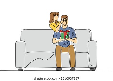 Continuous one line drawing a man sits on a sofa holding a gift box. The beloved wife gave a very interesting surprise. Romantic couple. Achieve. Surprise. Single line draw design vector illustration