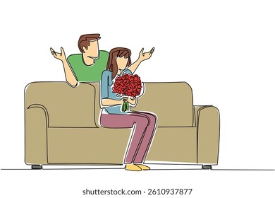 Continuous one line drawing a man standing behind a woman sitting on a sofa holding bouquet of flowers. Happiness together. Beautiful togethernes. Surprise. Single line draw design vector illustration