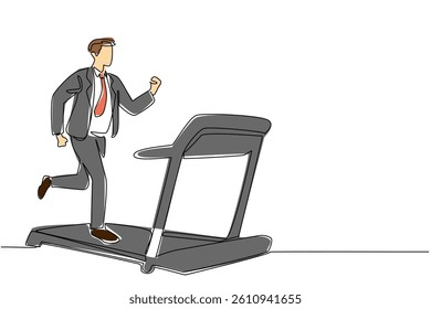 Continuous one line drawing man in suit running on treadmill with heart impulse. Healthy morning before work. National Employee Health and Fitness Day. Single line draw design vector illustration