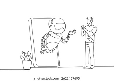 Continuous one line drawing man stands holds a smartphone and robot comes out of big smartphone. Chat with chatbot. International Virtual Assistants Day. Single line draw design vector illustration