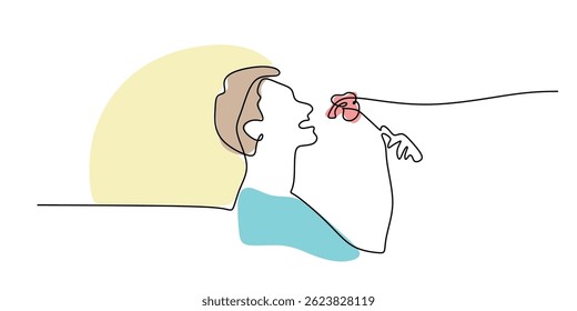 Continuous one line drawing of a man enjoying a plate of spaghetti, symbolizing hearty eating. Vector illustration hand drawn.