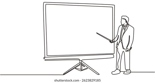 Desenho contínuo de uma linha de um homem fazendo uma apresentação, gestando em direção a um quadro branco. Desenhado à mão com ilustração vetorial.