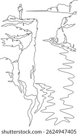 Continuous one line drawing a man stands on the top of a cliff. Seashore. Ocean bay. Steep cliffs. One continuous line isolated minimal vertical illustration.Not AI.