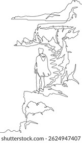 Continuous one line drawing a man stands on the top of a cliff. Seashore. Ocean bay. Steep cliffs. One continuous line isolated minimal vertical illustration.Not AI.