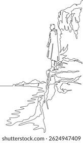 Continuous one line drawing a man stands on the top of a cliff. Seashore. Ocean bay. Steep cliffs. One continuous line isolated minimal vertical illustration.Not AI.