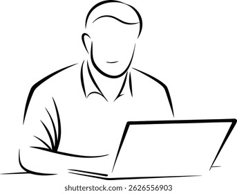 Continuous one line drawing of a man working on a laptop at a table, minimalist single line art vector illustration in black and white

