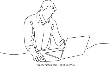 Continuous one line drawing of a man working on a laptop at a table, minimalist single line art vector illustration in black and white

