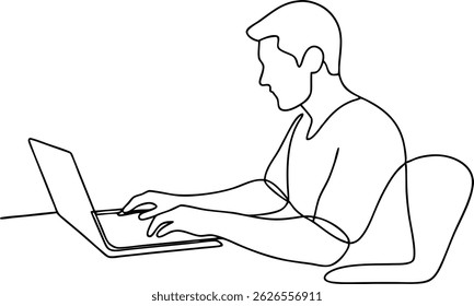 Desenho contínuo de uma linha de um homem trabalhando em um laptop em uma mesa, ilustração vetor de arte de uma linha minimalista em preto e branco

