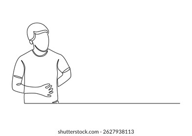 Desenho contínuo de uma linha do homem tocando sua dor de estômago. Ilustração de desenho de linha única do homem está com fome ou problema de estômago. Dor de estômago conceito de arte vetorial. Ilustração de linha de doodle.