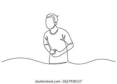 Desenho contínuo de uma linha do homem tocando sua dor de estômago. Ilustração de desenho de linha única do homem está com fome ou problema de estômago. Dor de estômago conceito de arte vetorial. Ilustração de linha de doodle.