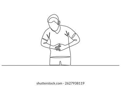 Desenho contínuo de uma linha do homem tocando sua dor de estômago. Ilustração de desenho de linha única do homem está com fome ou problema de estômago. Dor de estômago conceito de arte vetorial. Ilustração de linha de doodle.