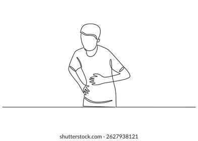 Desenho contínuo de uma linha do homem tocando sua dor de estômago. Ilustração de desenho de linha única do homem está com fome ou problema de estômago. Dor de estômago conceito de arte vetorial. Ilustração de linha de doodle.