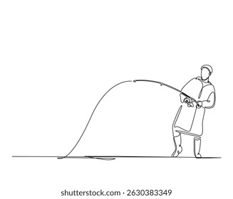 Um desenho contínuo de uma linha do homem pescando no lago. Pescador joga um gancho na ilustração de contorno simples. Vetor de linha editável
