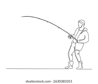 Um desenho contínuo de uma linha do homem pescando no lago. Pescador joga um gancho na ilustração de contorno simples. Vetor de linha editável