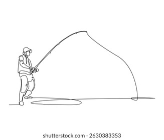 Um desenho contínuo de uma linha do homem pescando no lago. Pescador joga um gancho na ilustração de contorno simples. Vetor de linha editável