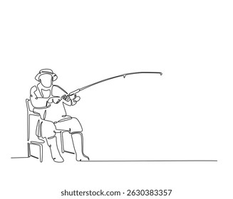 Um desenho contínuo de uma linha do homem pescando no lago. Pescador joga um gancho na ilustração de contorno simples. Vetor de linha editável