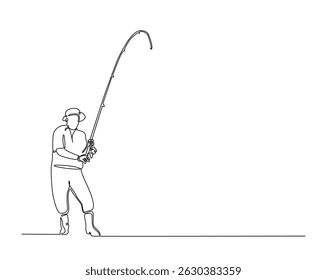 Um desenho contínuo de uma linha do homem pescando no lago. Pescador joga um gancho na ilustração de contorno simples. Vetor de linha editável