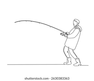 Um desenho contínuo de uma linha do homem pescando no lago. Pescador joga um gancho na ilustração de contorno simples. Vetor de linha editável