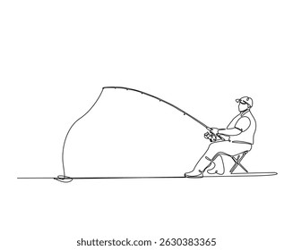 Continuous one line drawing of man fishing in the lake. Fisherman throws a hook in simple outline illustration. Editable line vector